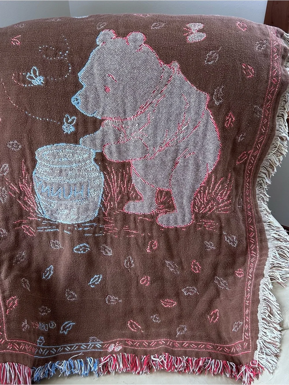 Disney Winnie the Pooh Cream Throw Blanket with Red and Blue Accents